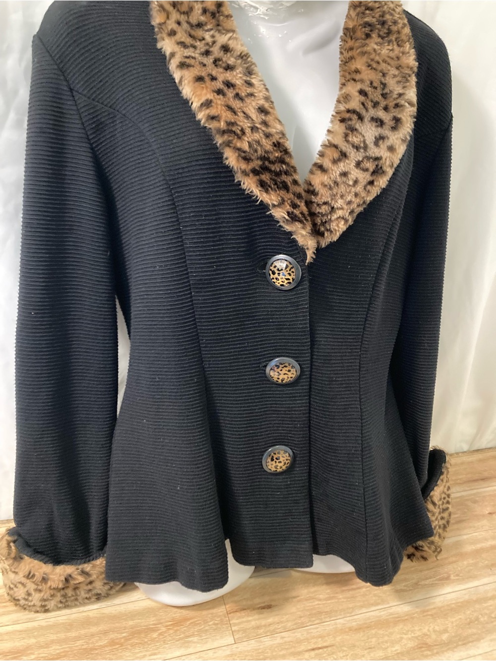 Vintage Dimension Internationale Black Cardigan Leopard Faux Fur Trim Made in Ca
